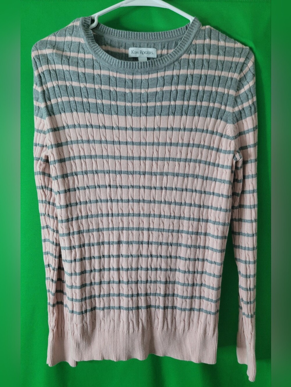 Kim Rogers Pink Gray Striped Ribbed Crewneck Cable Knit Sweater LS Sz Small Crew